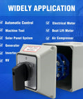 Beefy 125A Rotary Changeover Switch With Master Enclosure Box, 3 Pole 3 Phase, IP65, 3-Position On Off On, shown with applications.