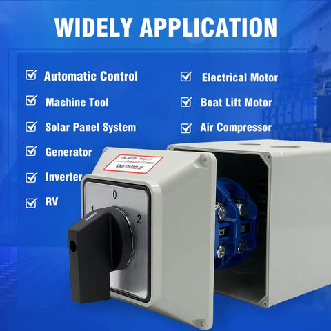 Beefy 125A Rotary Changeover Switch With Master Enclosure Box, 3 Pole 3 Phase, IP65, 3-Position On Off On, shown with applications.