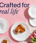 Straight Up Chip Resistant Round Soup Bowls Set Of Six Lightweight Glass Dinnerware In Crisp Winter White Finish Heavy Duty Stackables display with pastries.