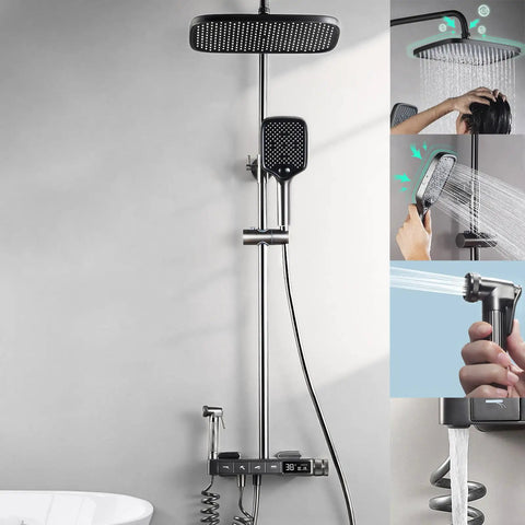 RIBEUJIZS Thermostatic Shower System with digital display and multiple shower heads for versatile bathing options.