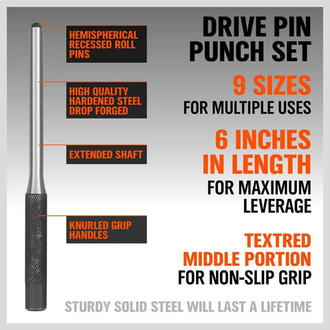 Roll Pin Punch Set 9 Pieces With Holder For Automotive, Watch Repair, Jewelry And Craft Projects; Chrome Vanadium Steel.