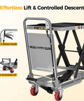 CAMMOO hydraulic lift table cart, gray with red wheels; 500 lb capacity; foot-activated lift, non-slip pad.
