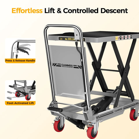 CAMMOO hydraulic lift table cart, gray with red wheels; 500 lb capacity; foot-activated lift, non-slip pad.