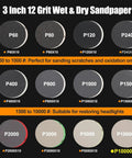 Grit variety of sanding discs in Dope 136 Pieces 3 Inch Sanding Disc Polishing Kit For Wet Or Dry Use Headlight Restoration Buffing Pads.