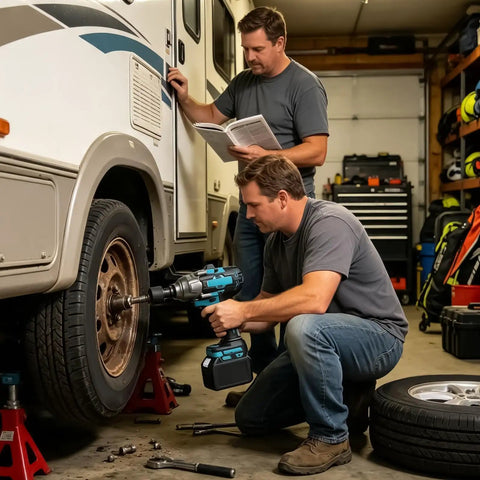 Heavy Duty 1000Nm Electric Brushless Shock Torque Wrench For Cars used for changing tire on RV in garage.