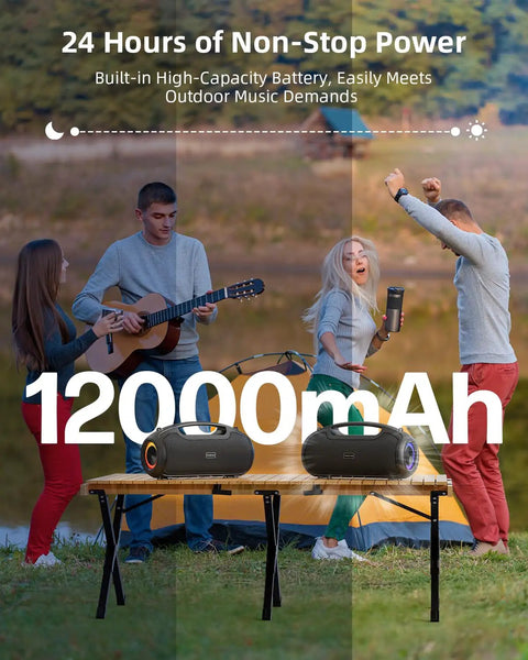 Group enjoying outdoors with 200W Peak Portable Bluetooth Speaker With Deep Bass That Hits Different, IP65 Waterproof, on picnic table.