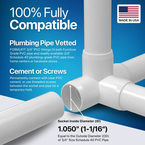 3/4 Inch 4-Way PVC Tee Fitting, Furniture Grade, White, Made In USA, UV Resistant, Impact Proof, showing socket diameter details