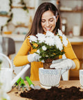 Woman planting flowers in Dope Three Piece Ceramic Plant Pots Set With Drainage Holes And Saucers For Indoor And Outdoor Vibes