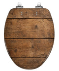 Elongated Overhead view brown wooden table Toilet Seat showcasing natural wood grain and chrome hinges.