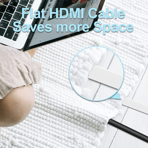 Flat 25 Foot HDMI Cable 4K 2.0 18Gbps Ultra Slim Flat Cable under carpet next to laptop for organized setup