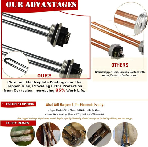 2 Pack 4500W 240V Screw In Water Heater Elements High Watt Density Chrome Coated Copper For Dual Element Electric Heaters