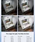 Comparison of Sleek Over Mirror Vanity Light Fixture 16 Inch Chrome LED Bar 9W Cool White 6000K in different mirror sizes and coverage areas