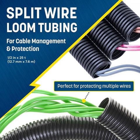 Half Inch By Twenty Five Foot Split Wire Loom Tubing For Industrial And Automotive Wires