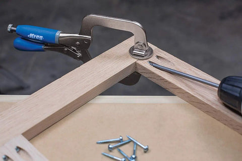 KHI Hinge Concealed Jig And KHC Premium Face Clamp Set Blue Pro Grade used for precise hidden joints in DIY woodworking