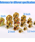 Heavy Duty 3 Inch H Groove Caster Wheel Set For Square Metal Tracks, different sizes including 3 inch and 4 inch steel wheels.