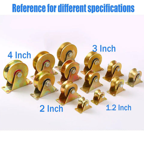 Heavy Duty 3 Inch H Groove Caster Wheel Set For Square Metal Tracks, different sizes including 3 inch and 4 inch steel wheels.