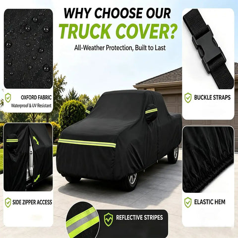 Built To Last Heavy Duty Pickup Truck Cover Shields Your Ride From Sun Rain Snow And Dust Tough Oxford Fabric, truck covered with reflective stripes