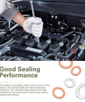 Mechanic using 100 Pack Oil Drain Plug Gasket Kit With Heat Resistant Copper Engine Oil Pan Sealing Gaskets, text about sealing performance
