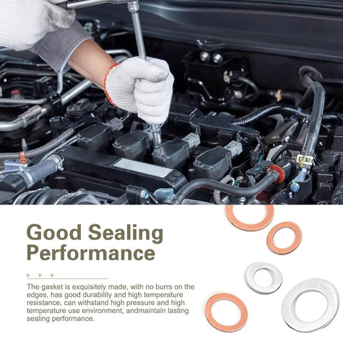 Mechanic using 100 Pack Oil Drain Plug Gasket Kit With Heat Resistant Copper Engine Oil Pan Sealing Gaskets, text about sealing performance