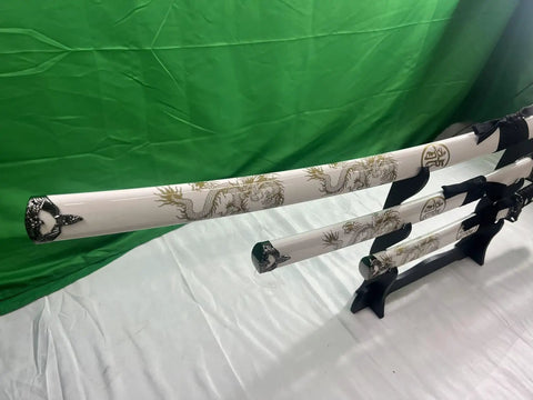 Traditional Handmade Samurai 3 Piece Katana Wakizashi Tanto Sword Set With Display Stand Stainless Steel Blades Gold Dragon Scabbard Dragon White Collectors Item