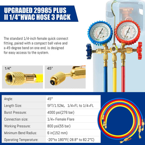 Upgrade 29985 Plus II One Quarter Inch HVAC Hose With Ball Valve For Refrigeration, multicolor 3 pack with gauges.