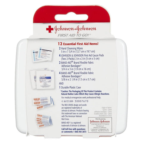 Johnson & Johnson First Aid To Go travel-size first aid kit, white case with red lid, pack of 3