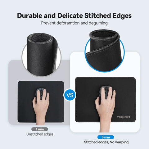 Comparison of 4 Pack Gaming Mouse Pad Set That Is Gamer Ready With Anti Fray Stitching Waterproof Surface And Non Slip Rubber Base Stitched Edges For Laptop Compatible With Laser And Optical Mice Black showing unstitched vs stitched edges.