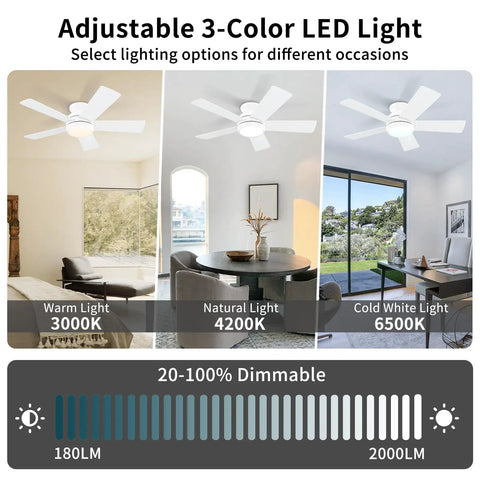 42 Inch White Ceiling Fan With LED Light Kit And Remote Low Profile Flush Mount Energy Efficient DC Motor Five Blades Quiet Operation Easy Install Perfect For Bedroom Living Room Patio showing adjustable 3-color LED light options