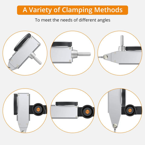 Dial Test Indicator Set With Magnetic Base Stand for various clamping methods in tight spaces, showing adjustable angles.