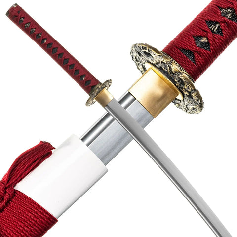 Hand Sharpened 1060 High Carbon Steel Samurai Sword Showpiece For Display And Iaido Practice With White Saya Dragon Design