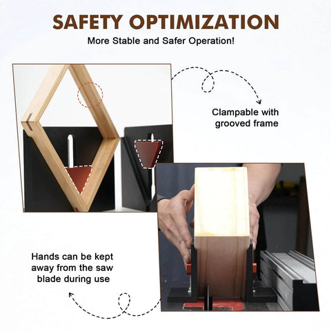 Right Angle Spline Jig For Table Saw And Router Table with adjustable clamp for 5-42 mm stock shown in use with wood frame.