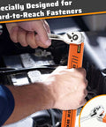 Mechanic using Zero Degree Offset Extension Wrench For Tight Spaces Three Eighths Inch Drive Socket Extender with adapters under car hood