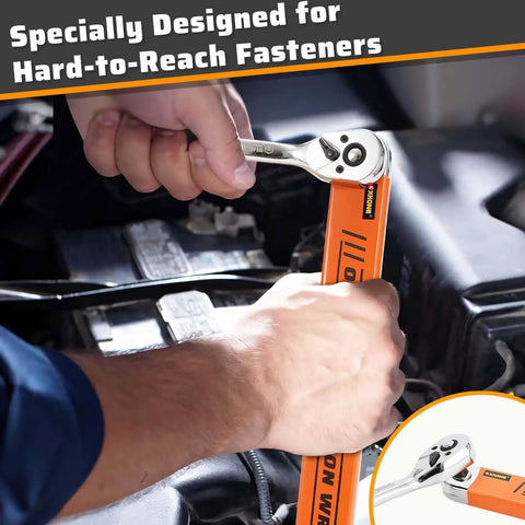 Mechanic using Zero Degree Offset Extension Wrench For Tight Spaces Three Eighths Inch Drive Socket Extender with adapters under car hood