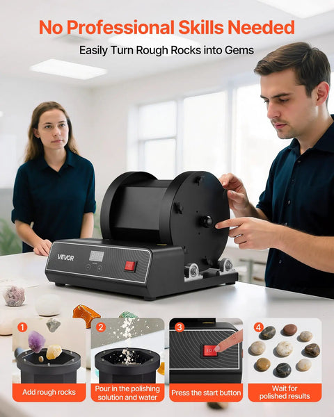 Man and woman using Rock Tumbler Kit For Home Hobbyists, Sweet 17 Lb Capacity, 2 Speed Polisher With 240 Hour Polishing Timer