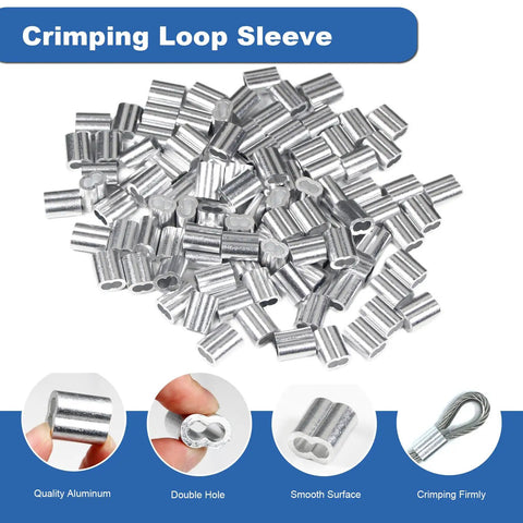 All In One 1/8 Inch Wire Rope Crimp Sleeve Kit with 100 aluminum crimp sleeves for rigging and DIY cable projects