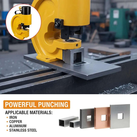 CH-70 punching machine with 8-Piece Oval Hydraulic Hole Punch Die Set cutting steel, copper, aluminum, iron plates; delivers clean oval holes