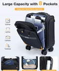 Front view of a 16-inch black softside underseat luggage with detachable spinner wheels.