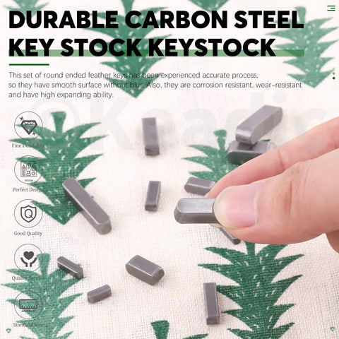 Close-up of a gray carbon steel round-ended shaft key held between fingers; part of 140-piece Keadic set (8–30mm).