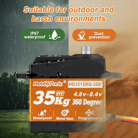 HobbyPark 35kg 360° continuous-rotation servo with metal gears; IP67 waterproof, 4.8–8.4V