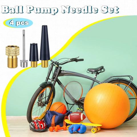 4 Piece Ball Pump Needle Kit with Nozzle Adapter for Sports Balls and Inflatables next to bicycle and sports equipment