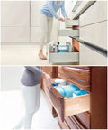 Two women using 22-inch push to open drawer slides on wooden cabinets, showing smooth glide and easy installation features.