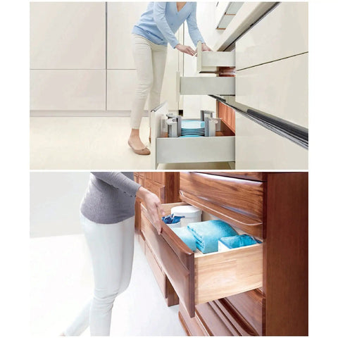 Two women using 22-inch push to open drawer slides on wooden cabinets, showing smooth glide and easy installation features.