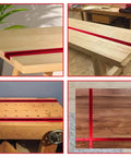 Four images of red aluminum T-track rails on workbenches showcasing Two Pack 48 Inch Aluminum T Tracks For Woodworking Red Universal T Track Rails