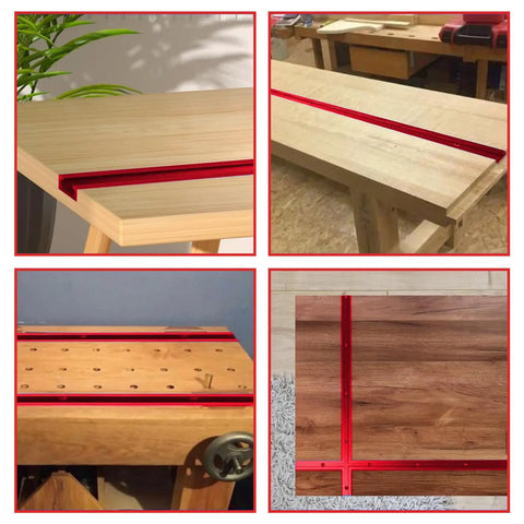 Four images of red aluminum T-track rails on workbenches showcasing Two Pack 48 Inch Aluminum T Tracks For Woodworking Red Universal T Track Rails