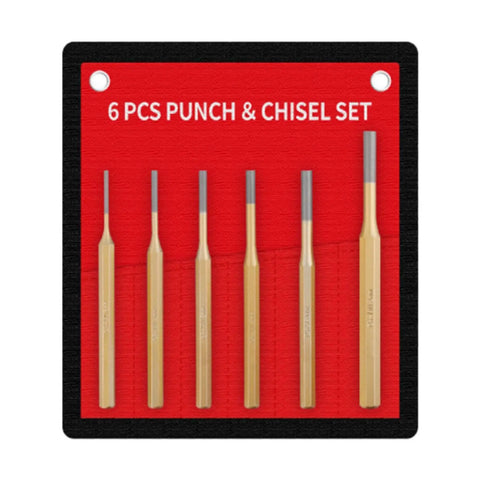 Center Punch Set With Centering Pin And Chisel Tool Kit for Metalworking Masonry and Diy Projects, 6pc steel set on red