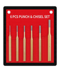 Six Piece Center Punch Set With Flat And Masonry Chisels For Metalworking And DIY Projects on a red background