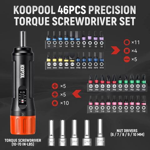 All-In-One 46-Piece Torque Screwdriver Kit With 1/4 Inch Drive, Adjustable 10-70 In-Lbs, Includes 40 S2 Bits And 5 CR-V Nut Drivers, Portable Case For Electronics, Bike, DIY And Repair, Orange with bit and nut driver set