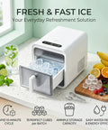 No Fuss Portable Ice Maker Featuring Smart Infrared Detection Automatic Shut Off Plus Ultra Chill Cooling that produces ice cubes on a countertop.