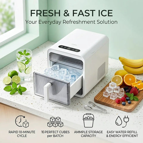 Slick Portable Countertop Ice Maker With Square Cube Batches And Smart Infrared Tracking For Fresh On Demand Chill Plus No Sweat Pullout Drawer And Auto Shut Off For Fast Weekender Prep on kitchen counter with ice cubes.