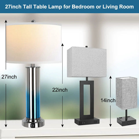 Set Of 2 Ombre Indigo Glass Table Lamps With USB Ports, LED Bulbs Included, 27 Inch Tall next to smaller gray lamps